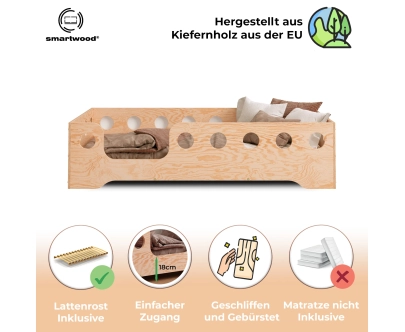 Einzelbett für Kinder mit Rausfallschutz und Lattenrost TILA 4 Montessori Holz