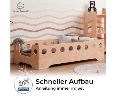 Einzelbett für Kinder mit Rausfallschutz und Lattenrost TILA 4 Montessori Holz