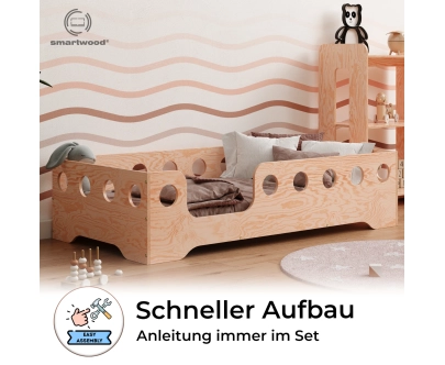 Einzelbett für Kinder mit Rausfallschutz und Lattenrost TILA 4 Montessori Holz