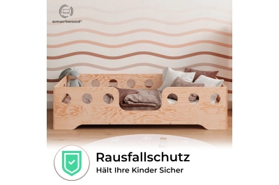 Einzelbett für Kinder mit Rausfallschutz und Lattenrost TILA 4 Montessori Kiefer