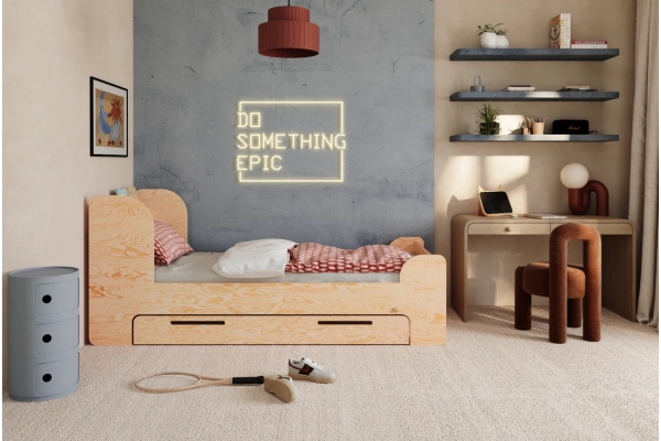 Einzelbett für Kinder und Jugendliche mit Schublade und Lattenrost FLOU D Klassisch Holz