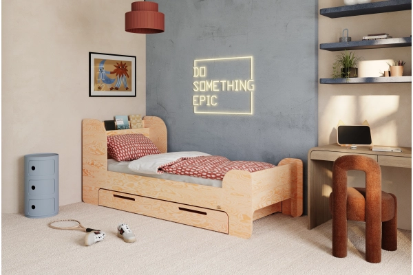 Einzelbett für Kinder und Jugendliche mit Schublade und Lattenrost FLOU D Klassisch Holz