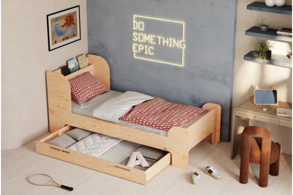 Einzelbett für Kinder und Jugendliche mit Schublade und Lattenrost FLOU D Klassisch Holz
