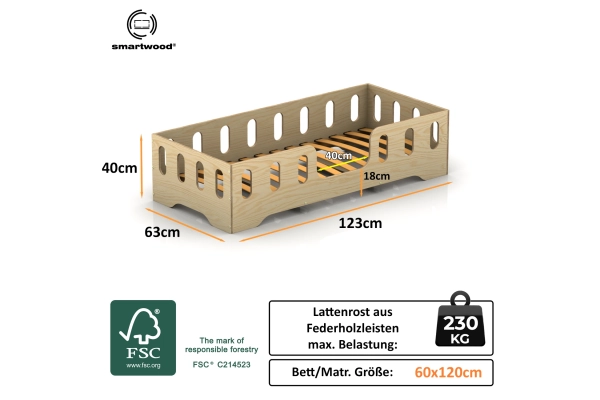 Einzelbett für Kinder mit Rausfallschutz und Lattenrost TILA 2 Montessori Holz