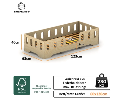 Einzelbett für Kinder mit Rausfallschutz und Lattenrost TILA 2 Montessori Holz