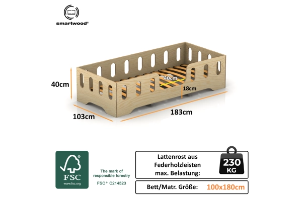 Einzelbett für Kinder mit Rausfallschutz und Lattenrost TILA 2 Montessori Holz