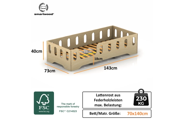 Einzelbett für Kinder mit Rausfallschutz und Lattenrost TILA 2 Montessori Holz