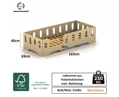 Einzelbett für Kinder mit Rausfallschutz und Lattenrost TILA 2 Montessori Holz