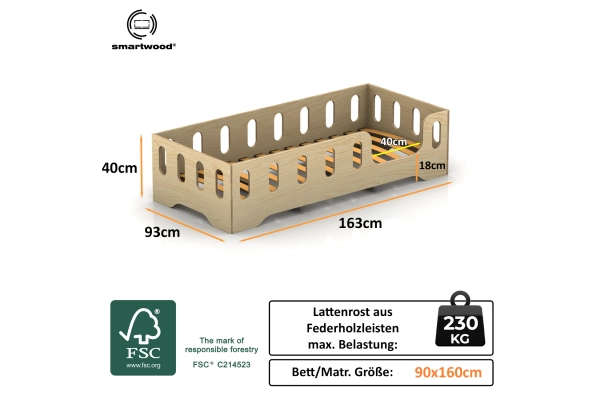 Einzelbett für Kinder mit Rausfallschutz und Lattenrost TILA 2 Montessori Holz
