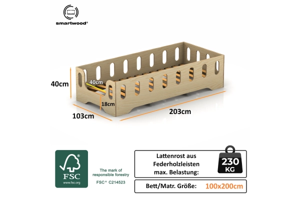 Einzelbett für Kinder mit Rausfallschutz und Lattenrost TILA 2 Montessori Holz
