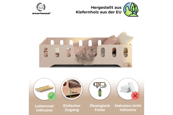 Einzelbett für Kinder mit Rausfallschutz und Lattenrost TILA 2 Montessori Holz