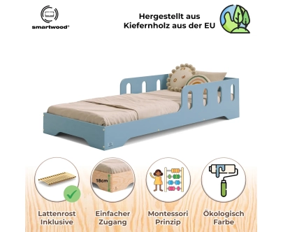 Einzelbett für Kinder mit Rausfallschutz und Lattenrost TILA 6 Montessori Holz
