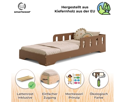 Einzelbett für Kinder mit Rausfallschutz und Lattenrost TILA 6 Montessori Holz