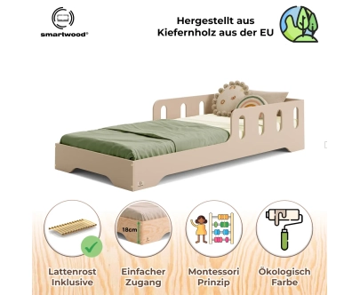 Einzelbett für Kinder mit Rausfallschutz und Lattenrost TILA 6 Montessori Holz