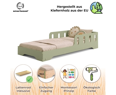 Einzelbett für Kinder mit Rausfallschutz und Lattenrost TILA 6 Montessori Holz