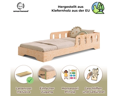 Einzelbett für Kinder mit Rausfallschutz und Lattenrost TILA 6 Montessori Holz