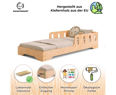 Einzelbett für Kinder mit Rausfallschutz und Lattenrost TILA 6 Montessori Holz