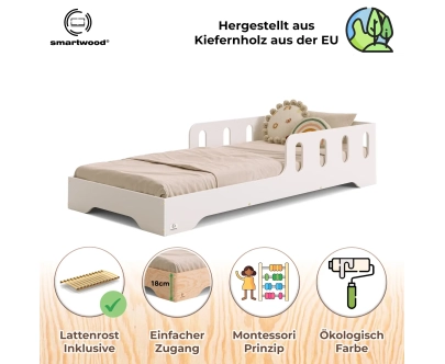 Einzelbett für Kinder mit Rausfallschutz und Lattenrost TILA 6 Montessori Holz