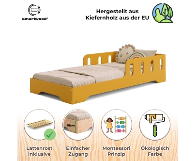 Einzelbett für Kinder mit Rausfallschutz und Lattenrost TILA 6 Montessori Holz