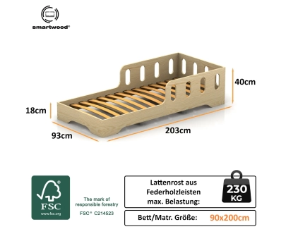 Einzelbett für Kinder mit Rausfallschutz und Lattenrost TILA 6 Montessori Holz