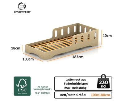 Einzelbett für Kinder mit Rausfallschutz und Lattenrost TILA 6 Montessori Holz