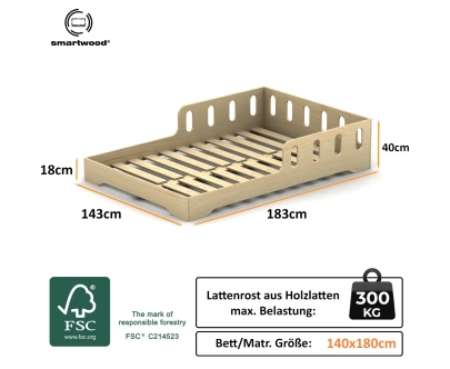 Einzelbett für Kinder mit Rausfallschutz und Lattenrost TILA 6 Montessori Holz