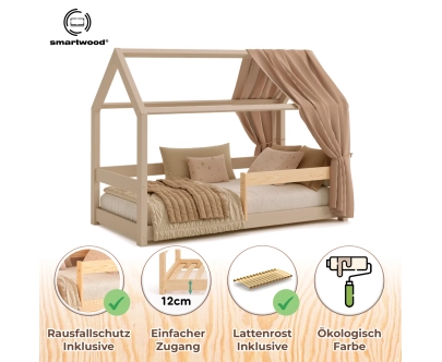 Hausbett für Kinder mit Rausfallschutz und Lattenrost MILO Montessori Holz