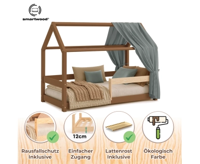 Hausbett für Kinder mit Rausfallschutz und Lattenrost MILO Montessori Holz