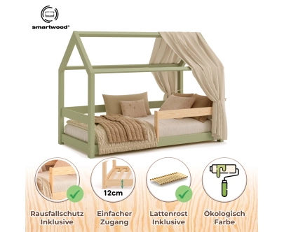 Hausbett für Kinder mit Rausfallschutz und Lattenrost MILO Montessori Holz