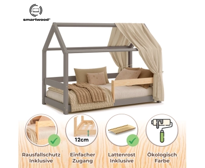 Hausbett für Kinder mit Rausfallschutz und Lattenrost MILO Montessori Holz