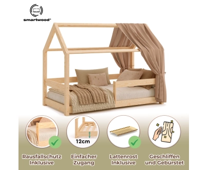 Hausbett für Kinder mit Rausfallschutz und Lattenrost MILO Montessori Holz