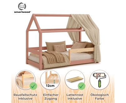 Hausbett für Kinder mit Rausfallschutz und Lattenrost MILO Montessori Holz