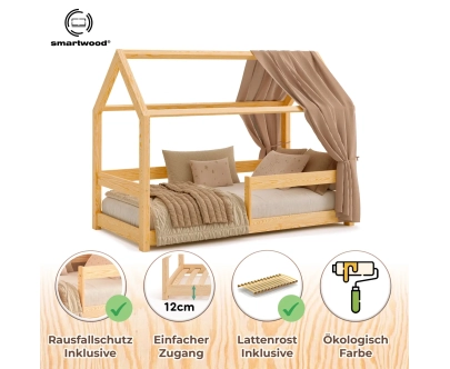 Hausbett für Kinder mit Rausfallschutz und Lattenrost MILO Montessori Holz