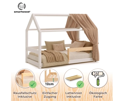 Hausbett für Kinder mit Rausfallschutz und Lattenrost MILO Montessori Holz