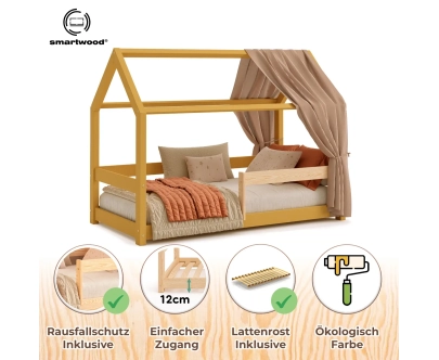 Hausbett für Kinder mit Rausfallschutz und Lattenrost MILO Montessori Holz