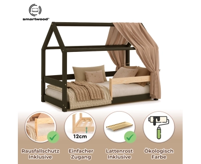 Hausbett für Kinder mit Rausfallschutz und Lattenrost MILO Montessori Holz