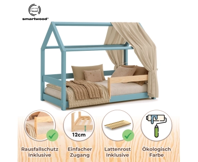 Hausbett für Kinder mit Rausfallschutz und Lattenrost MILO Montessori Holz