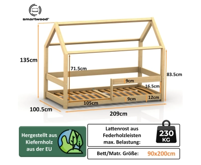 Hausbett für Kinder mit Rausfallschutz und Lattenrost MILO Montessori Holz