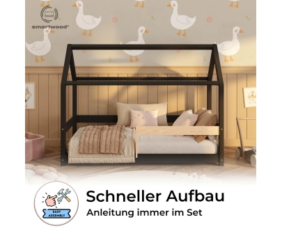 Hausbett für Kinder mit Rausfallschutz und Lattenrost MILO Montessori Holz