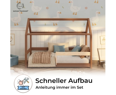 Hausbett für Kinder mit Rausfallschutz und Lattenrost MILO Montessori Holz