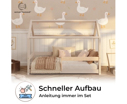Hausbett für Kinder mit Rausfallschutz und Lattenrost MILO Montessori Holz
