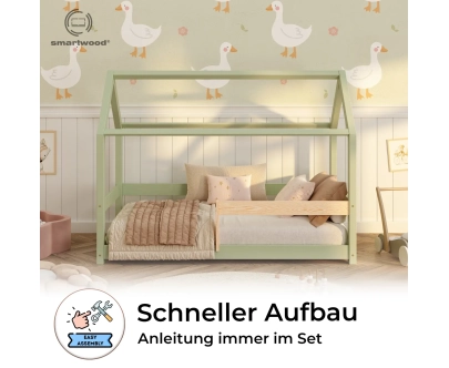 Hausbett für Kinder mit Rausfallschutz und Lattenrost MILO Montessori Holz