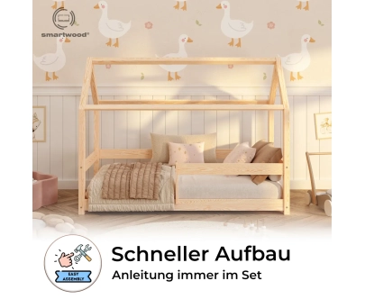Hausbett für Kinder mit Rausfallschutz und Lattenrost MILO Montessori Holz