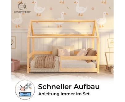 Hausbett für Kinder mit Rausfallschutz und Lattenrost MILO Montessori Holz