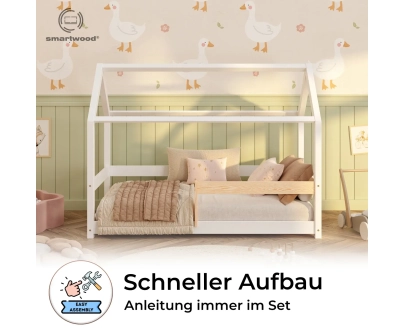 Hausbett für Kinder mit Rausfallschutz und Lattenrost MILO Montessori Holz