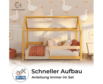 Hausbett für Kinder mit Rausfallschutz und Lattenrost MILO Montessori Holz