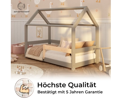 Hausbett für Kinder mit Rausfallschutz und Lattenrost MILO Montessori Holz