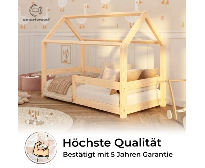 Hausbett für Kinder mit Rausfallschutz und Lattenrost MILO Montessori Holz