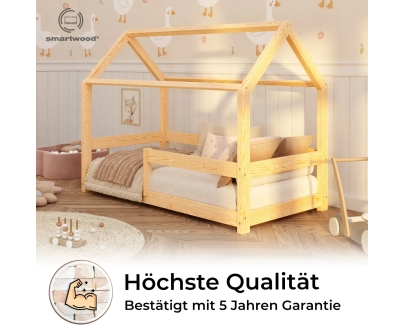 Hausbett für Kinder mit Rausfallschutz und Lattenrost MILO Montessori Holz