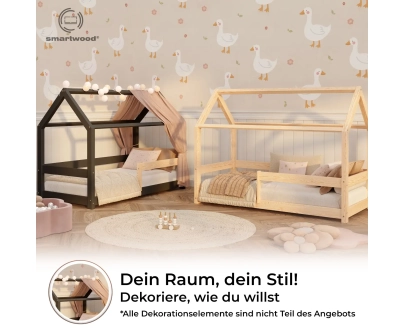 Hausbett für Kinder mit Rausfallschutz und Lattenrost MILO Montessori Holz